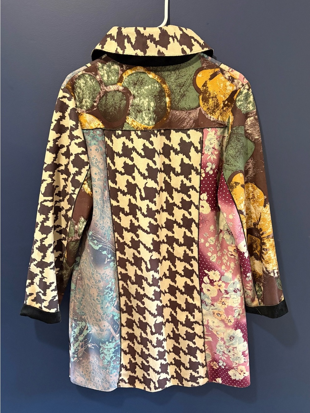 Zashi Mixed Fabric Art To Wear Houndstooth Floral Long Jacket - Medium - Picture 3 of 5